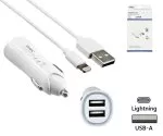 iPhone/iPad USB Ladeadapter + Lightning Kabel, Car Kit, 12V, 2x USB 5V 3100mA, MFI zertifiziert, weiß, DINIC Box mit Euroloch, 1m